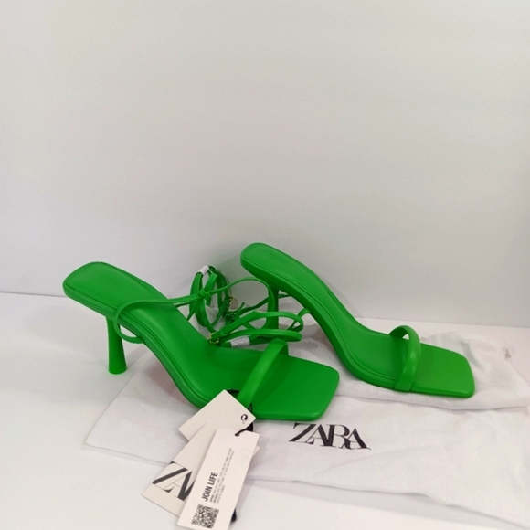 ZARA green strap leather heel sandal size 6.5 With Shoe Bag NEW - Picture 4 of 10